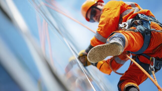 Construction worker scaling glass skyscraper in high-visibility gear under blue sky