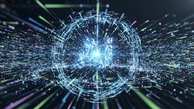 Glowing AI Symbol in Digital Network Burst - A luminous, crystalline AI symbol is at the center of a vibrant, energetic digital network.