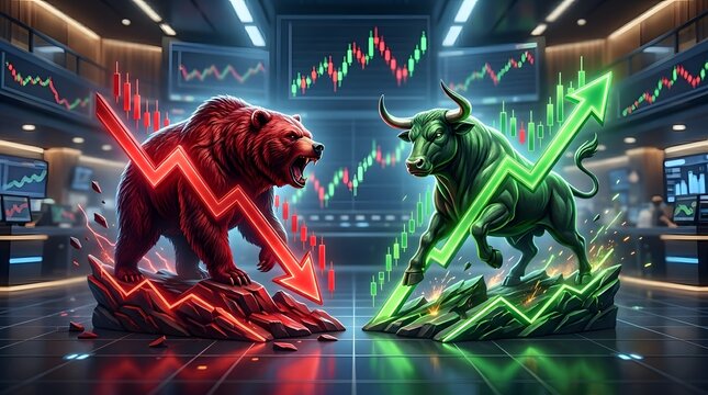 Bull vs Bear Symbolizing the Financial Market's Volatility and Investment Trends, A Bullish and Bearish Financial Concepts