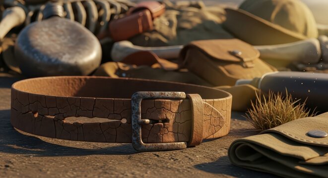 A Worn Leather Belt with a Rustic Metal Buckle on a Textured Surface