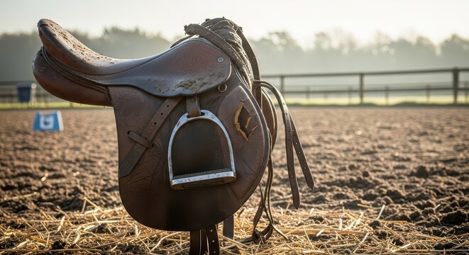 A worn leather horse saddle with stirrups and reins on a dusty field