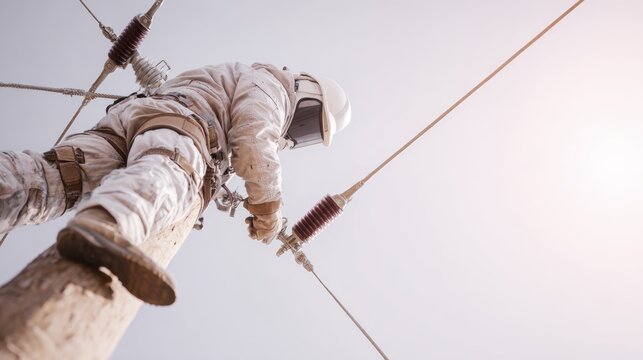 Electric lineman in protective gear working on power lines against clear sky