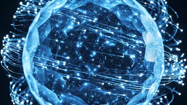 Glowing Blue Sphere with Network Connections - A luminous blue sphere emits intricate network connections and streams of light against a dark background.