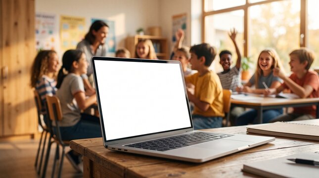Blank screen laptop on desk in classroom with children