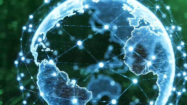 Digital Globe Network Connections on Green Background - A close-up view of a glowing, digital representation of the Earth, overlaid with a network of interconnected points.