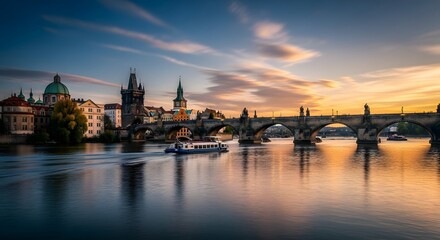 Fototapeta premium Stone bridge over river during sunset with boat