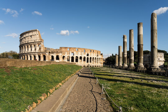 The Colosseum and ancient columns in spring, Rome, Italy