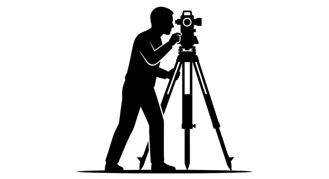 Land surveyor using total station instrument silhouette