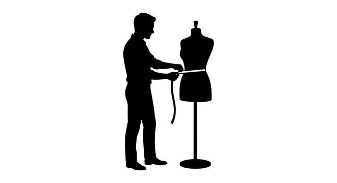 Silhouette of a tailor measuring a mannequin waist