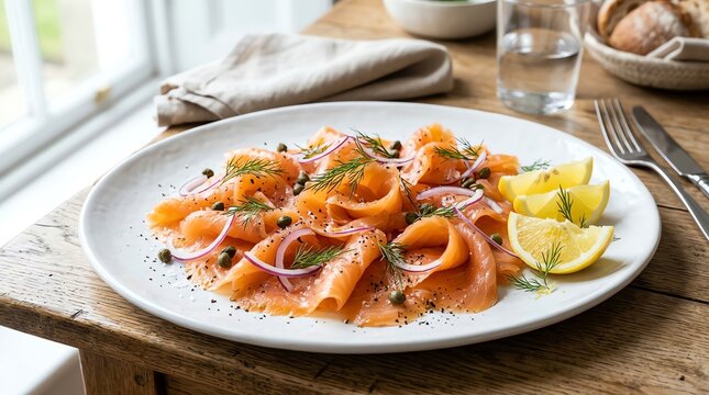 Smoked salmon with lemon and red onion on plate