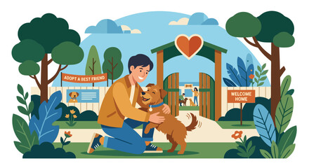 Fototapeta premium Man adopting a dog at a pet rescue center outdoor park illustration