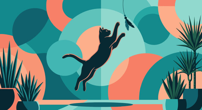 Jumping black cat catching a feather toy in a mid-century modern room