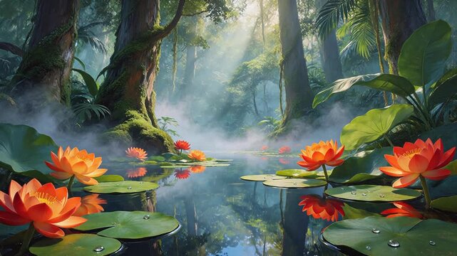 Lush jungle pond with lotus flowers