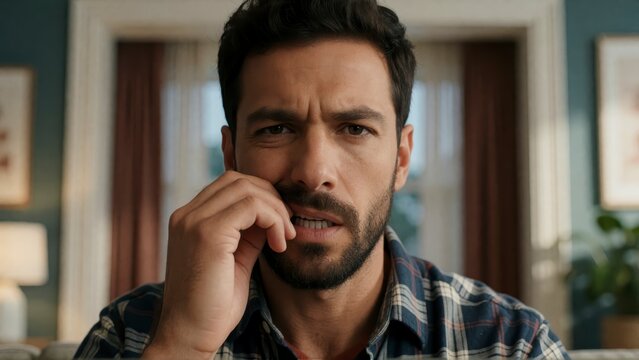 Close up portrait of a thoughtful man touching his beard in a cozy home living room setting