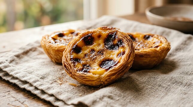 Three Portuguese custard tarts on linen cloth
