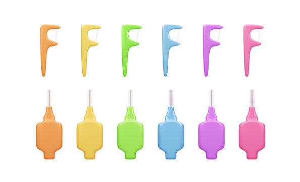 Set of colorful interdental brushes and dental floss isolated on white background. Realistic 3D render of oral hygiene devices. F shape dental floss pick, stomatology interdental toothbrush bundle.
