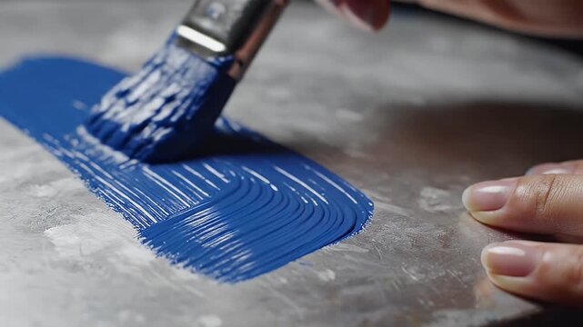 Hand Painting Blue Color onto Metal Surface - A close-up shot shows a paintbrush applying a vibrant blue paint onto a textured metal surface.
