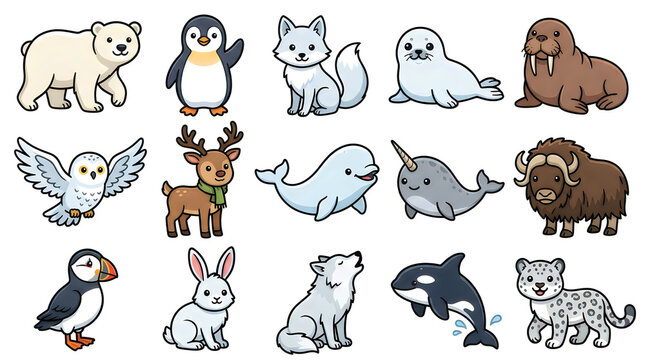 Cute cartoon arctic animals set including polar bear penguin fox seal walrus owl reindeer whale narwhal muskox puffin rabbit wolf orca and snow leopard isolated on a white background