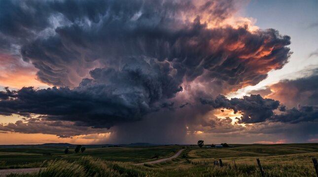 Dramatic stormy weather over rural landscape.