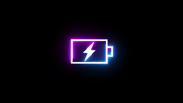 Neon battery icon charging with lightning bolt symbol in glowing blue and purple colors.