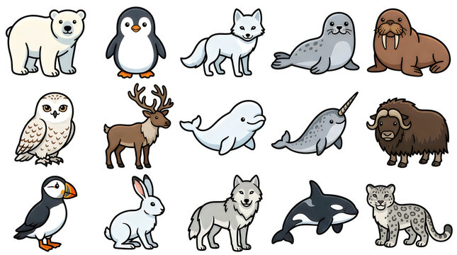 Set of cute arctic animals collection including polar bear penguin fox seal walrus reindeer whale narwhal muskox puffin rabbit wolf orca and snow leopard in cartoon style