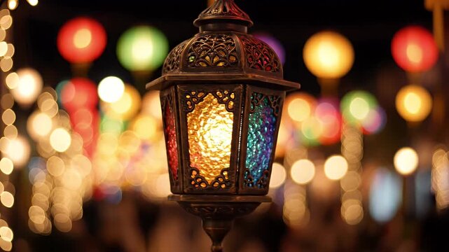 Intricate Lantern Glows Amidst Soft Bokeh Lights - An ornate, hanging lantern with stained glass panels glows warmly, casting colorful light.