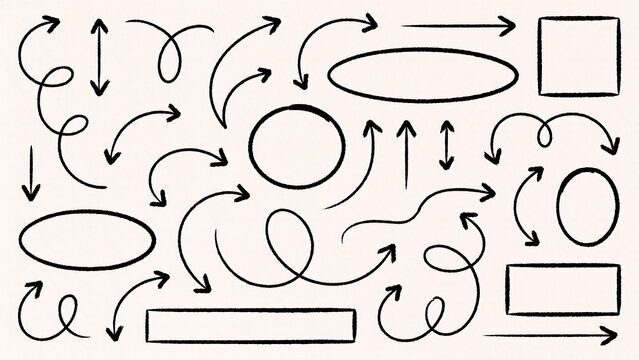 Hand-drawn sketch arrow set with various frames and icons rectangle pointing