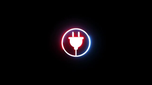 Neon electric plug icon glowing with blue and red light rotation on black background clip.