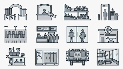 Elegant Monochromatic Line Drawing Icons of Various Public and Office Spaces with People and Equipment © Dancok