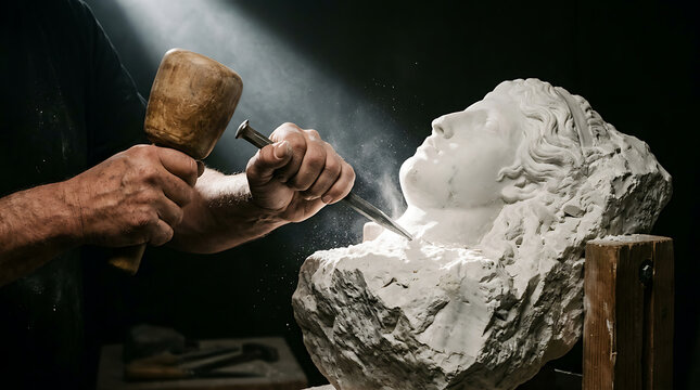 Close up of sculptor hands using wooden mallet and metal chisel to carve a classic marble bust statue inside a dark studio workshop with dramatic light and flying dust