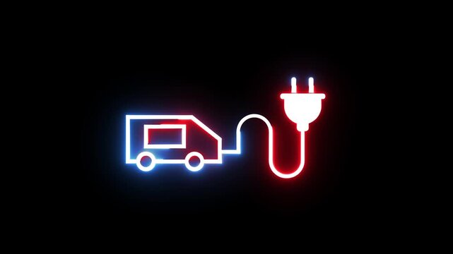 Electric car with charging plug and cable glowing in neon colors on black background.