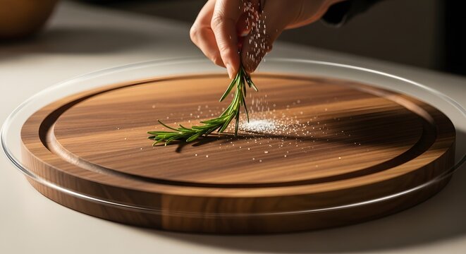 Hand sprinkling salt on rosemary on wooden board
