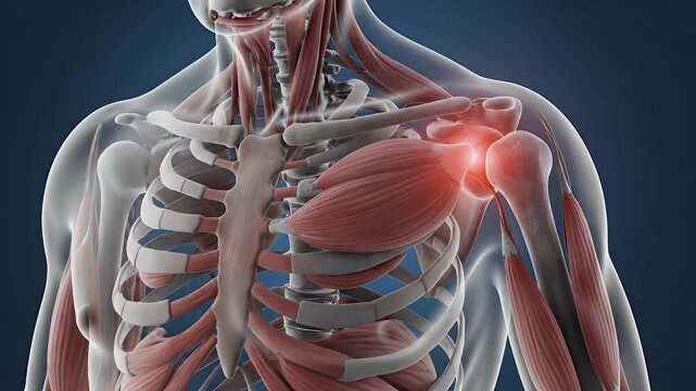 Human Shoulder Anatomy Pain Diagram - A detailed 3D medical illustration shows the human shoulder joint with muscles, bones, and tendons highlighted.