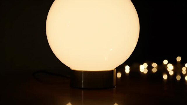 Illuminated Spherical Lamp with Soft Glow in Dark - A close-up shot focuses on a modern spherical lamp emitting a warm, soft, and reflective glow against a dark background.