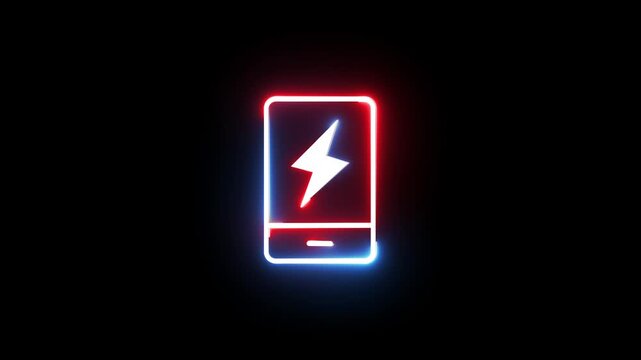 Neon smartphone fast charging icon animation glowing on black background digital display.