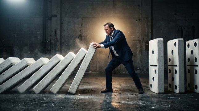 Stopping the Domino Effect: A determined businessman in a suit bravely intervenes to halt a cascading line of dominoes.