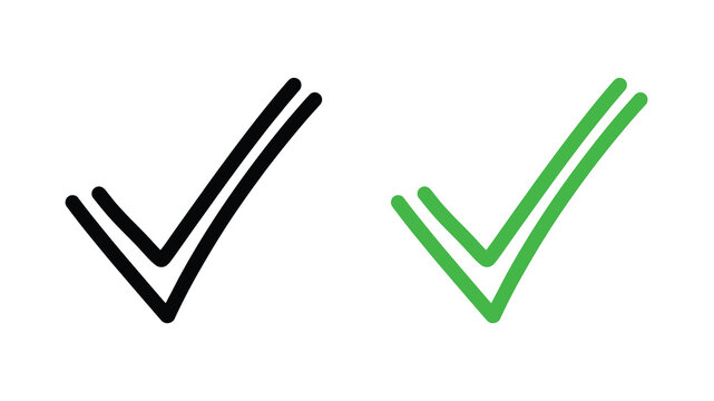 Minimalist check mark icons in black and green, double line checkmark symbols for validation, flat vector set for interface design and task completion