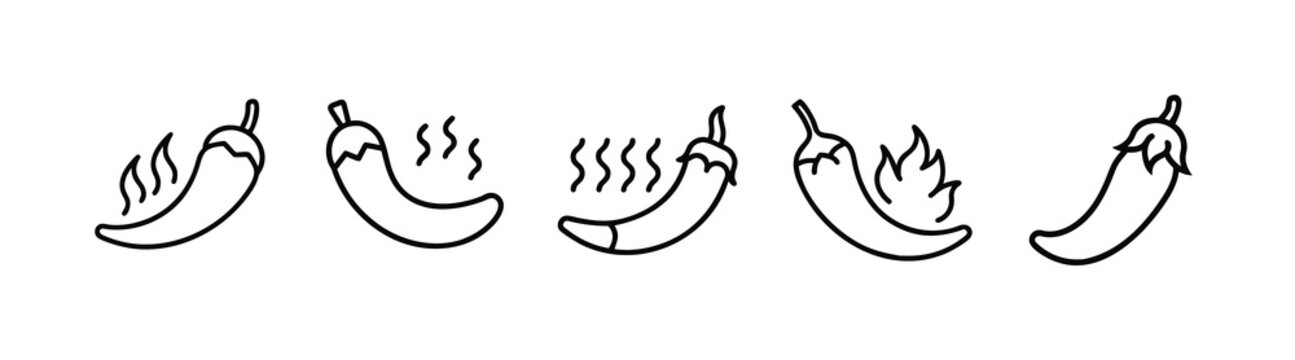 Chili pepper spice and vegetable line icons set featuring hot cayenne pod, fiery red chili, blazing jalapeno & more vector illustration with editable stroke.