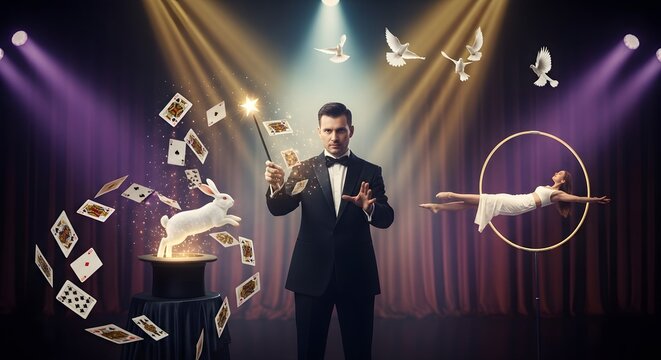 Magician performing magic show on stage