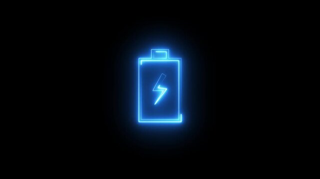 Neon blue battery icon charging animation with glowing light effect on dark black background.