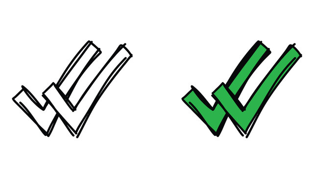 Hand-drawn double check mark icons, green and black sketch tick symbols, message delivered confirmation signs for interface design