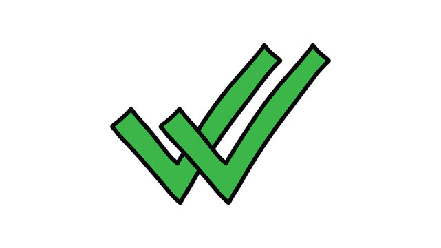 Green double check mark icons, hand drawn tick symbols with black outlines, success and approval signs for business and education