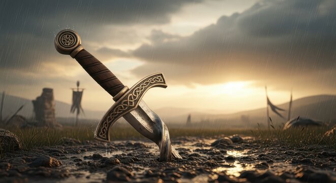 Ancient Ornate Sword Hilt Stuck in Muddy Ground During Dramatic Sunset