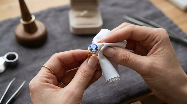 Close up of woman hands using microfiber cloth to clean and polish a luxury gold ring with a large blue sapphire gemstone and diamond halo in a jewelry studio workbench