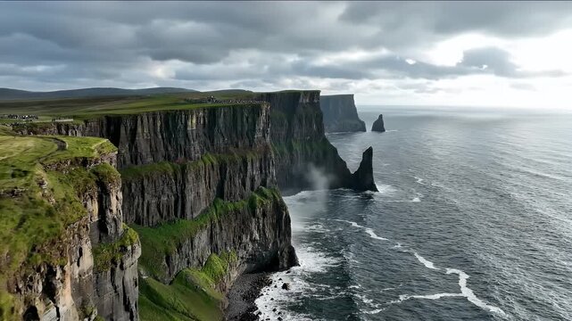 Panoramic View of Ireland's Majestic Cliffs of Moher Overlooking the Atlantic Ocean - A breathtaking panoramic vista of the Cliffs of Moher in Ireland, with imposing rock formations dramatically