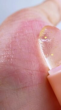 Close up of glowing lip balm and rosy reddish palm skin. Shiny glossy texture, beauty and lip care product concept on clean background.