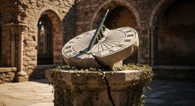 Broken Stone Sundial with Roman Numerals Casting a Shadow Outdoors