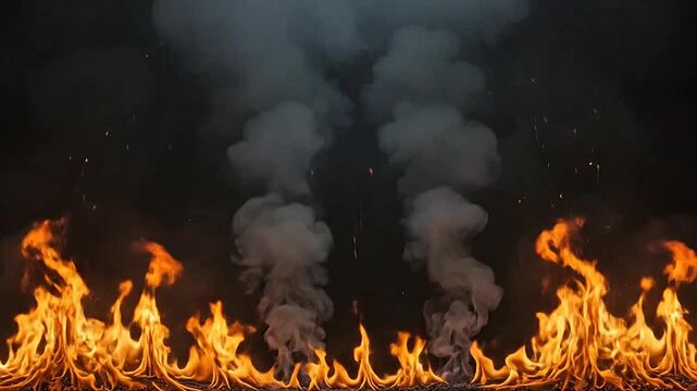 Bright orange flames rise from the ground with thick gray smoke against a dark background