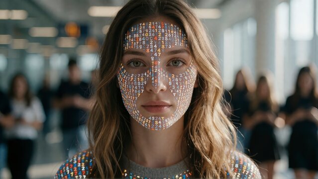 Facial recognition scan of a young woman in a public space with digital data points overlay
