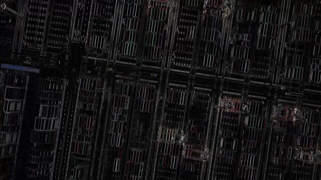 Cargo containers seaport black emboss effect. Freight sea port scan. Top aerial drone view monitoring city terrain. Ship delivery ocean harbor. Shipping night machine vision. Industrial Marine dock.